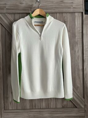 Daily Sports White Quarter-Zip Knit Golf Sweater Green Trim Medium